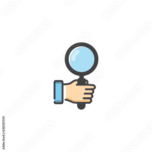 Vector outline icon design of a hand holding a magnifying glass.