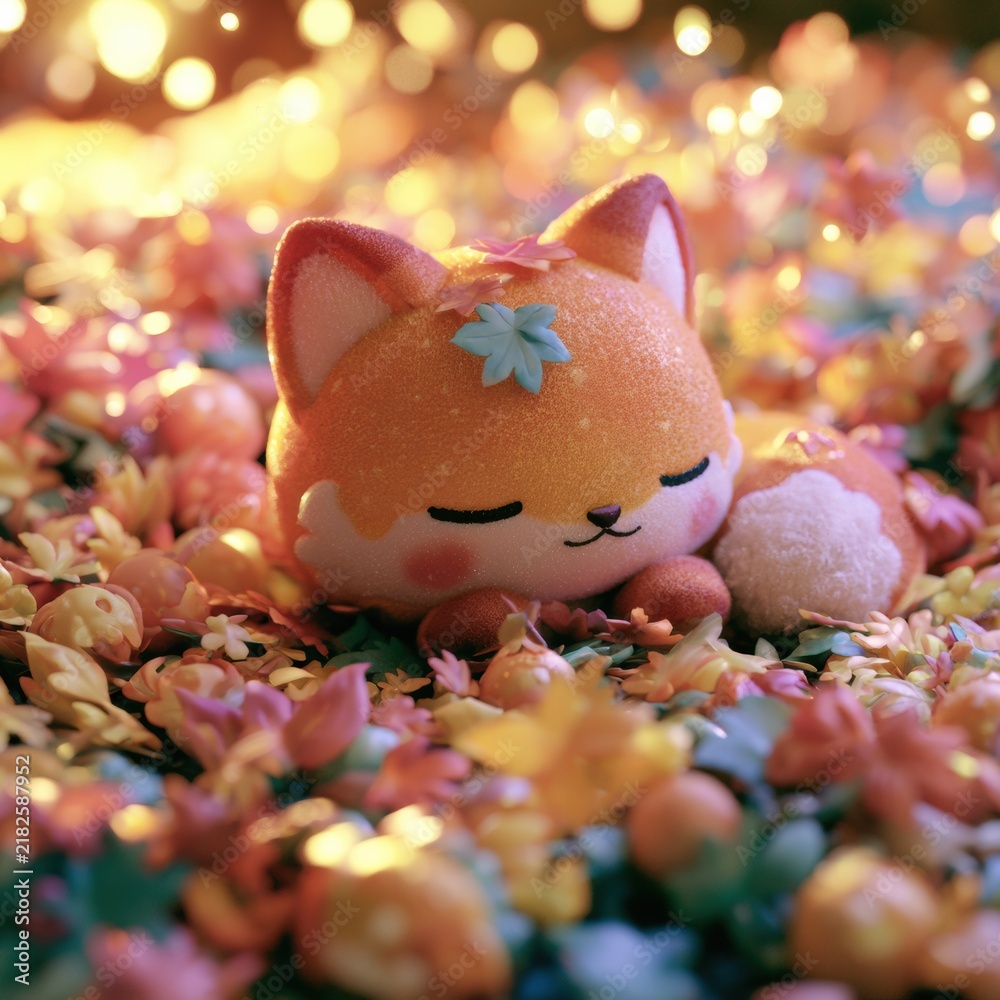 Obraz premium A small fox character rests in a pile of colorful leaves and flowers during a sunny day, enjoying a peaceful time.