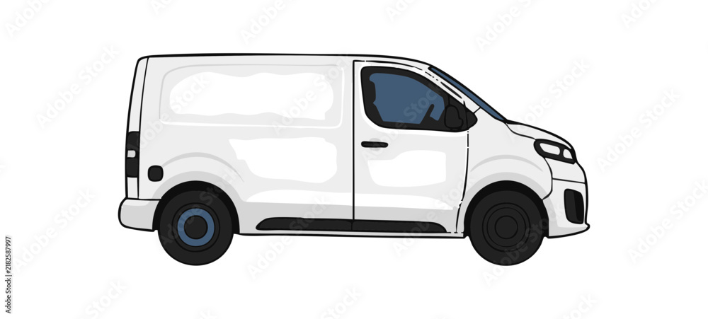 Naklejka premium Side view of a white delivery van isolated on a white background.