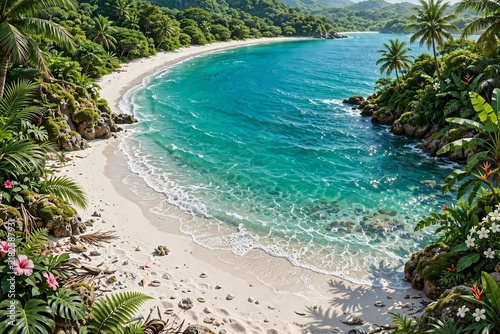 Stunning secluded tropical bay featuring crystal-clear turquoise waters, pristine white sand, lush green jungle foliage, palm trees, and vibrant flowers under bright sunlight.