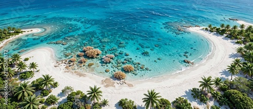 Panoramic aerial view of a picturesque tropical bay with vibrant coral reefs, crystal-clear turquoise ocean waters, white sand beach, and lush green palm trees in a sunny paradise setting.