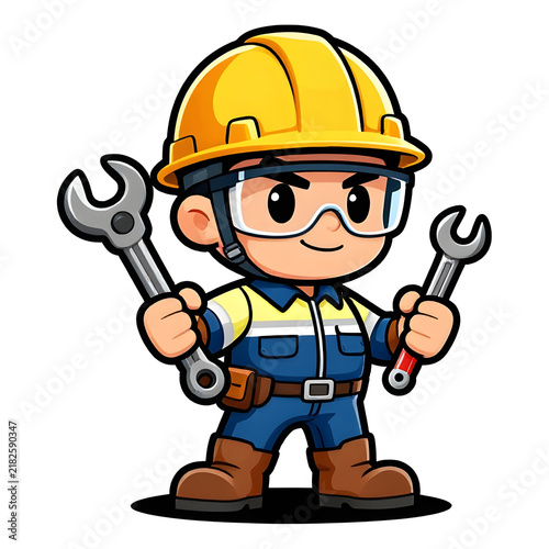 Cartoon style construction worker. Active working posture. Ideal icon for logo, badge, branding, company mascot.