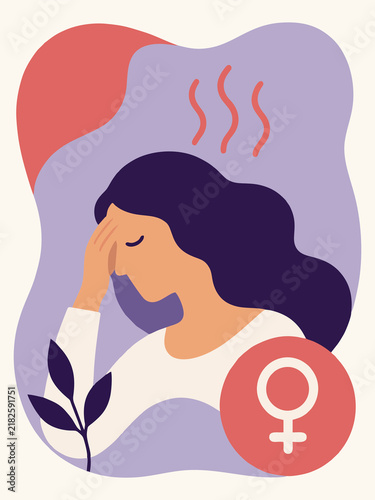 Menopause Concept with Woman Experiencing Hot Flashes and Female Health Symbol