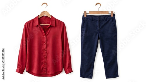 Deep red silk blouse and navy blue cotton capri pants on wooden clothes hangers isolated on white background