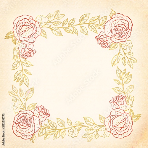 Square Botanical Frame with Line Art Red Roses and Gold Leaves on Light Beige Textured Background