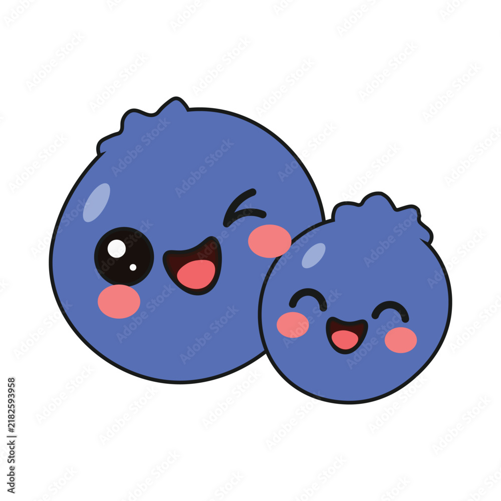 Fototapeta premium Cute blueberry fruit characters with cheerful facial expressions in colorful flat cartoon style, isolated on transparent background for stickers, kids design, food graphics and educational use.
