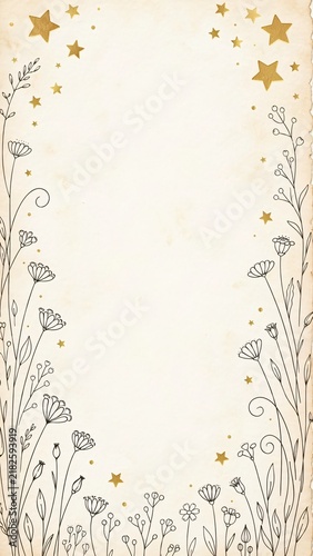 Vertical Floral Frame Template Featuring Delicate Line Art Wildflowers and Gold Foil Accents