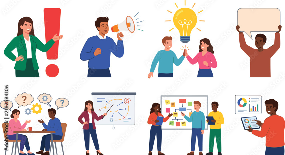Fototapeta premium Business Communication and Teamwork Vector Character Set featuring People Brainstorming, Presenting Data, Shouting in Megaphone, and Sharing New Creative Ideas