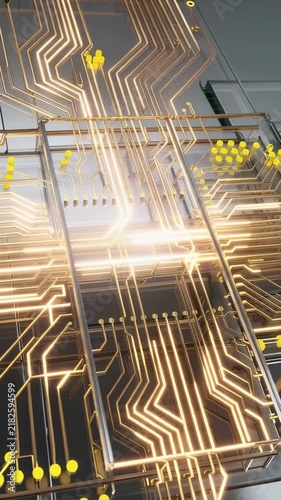 Abstract Digital Circuit Board with Illuminated Golden Lines and Reflective Surfaces