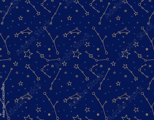 Seamless vector pattern of simple stars and celestial constellations in gold line art
