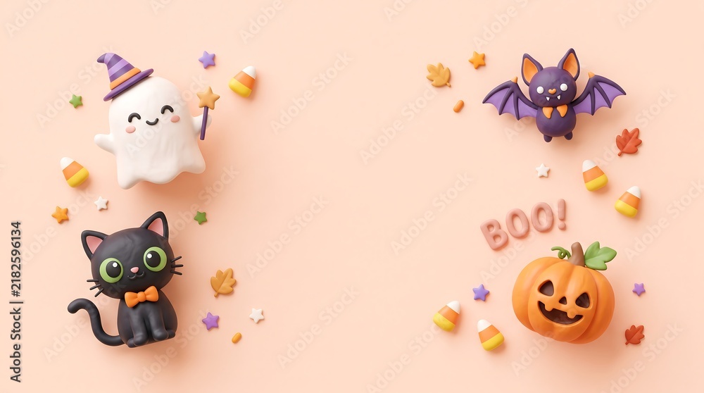 Fototapeta premium Cute halloween decorations arranged on a soft pastel background for festive holiday cards unlike traditional themes like thanks giving day celebrations instead