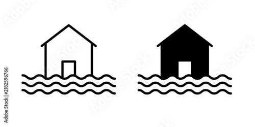 Flooded House Icon represents flooding, water damage, natural disasters, property loss, and emergency situations with editable outline and fill vector illustrations.