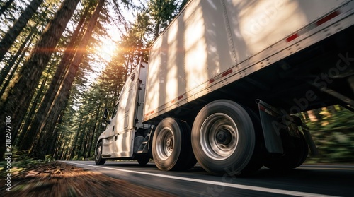 White semi truck driving on forest road with sun flare, capturing dynamic freight transport and efficient logistics for trucking industry marketing and supply chain distribution.