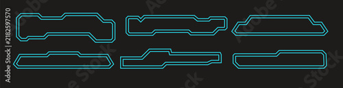 Futuristic neon outline panel set with angular geometric frames. Inspired by cybercore, sci-fi interfaces, and retro digital aesthetics. Ideal for UI design, gaming graphics, and digital layouts.