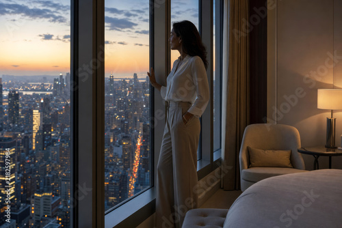 A businesswoman stands by a high-floor hotel window overlooking a glowing city skyline at dusk, her silhouette framed by elegant minimalist interiors. International business travel concept