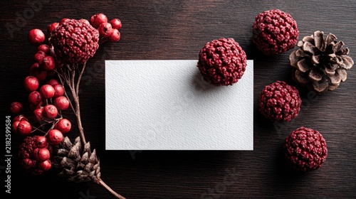 Winter foliage arrangement on dark wood surface