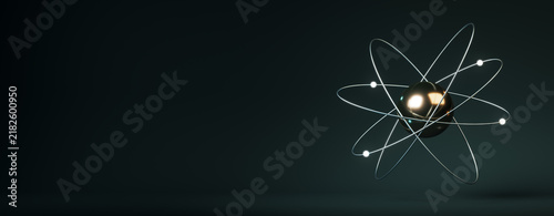 Fotografía Atom molecule with glowing electron orbits on a dark modern background, isolated science concept with generous copy space for creative design and promotion