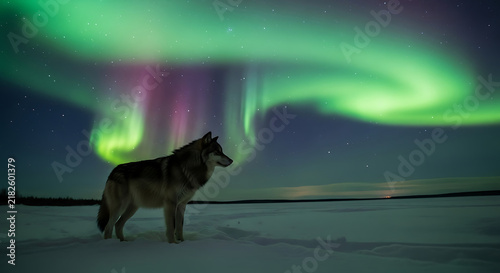 Wolf standing under northern lights sky