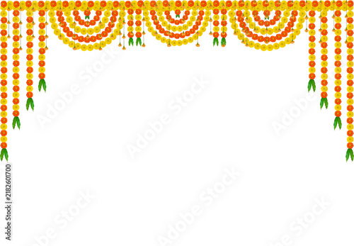Traditional Indian Wedding Marigold Flower Toran Border with Hanging Floral Garlands