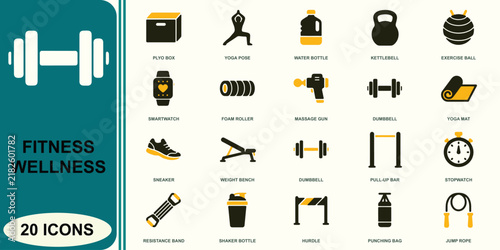 Set of 20 fitness and wellness featuring gym equipment and exercise tools in yellow and dark