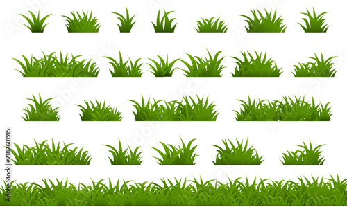 Green Bushes And Grass Set Isolated White Background