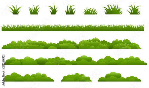 Green Bushes And Grass Set Isolated White
