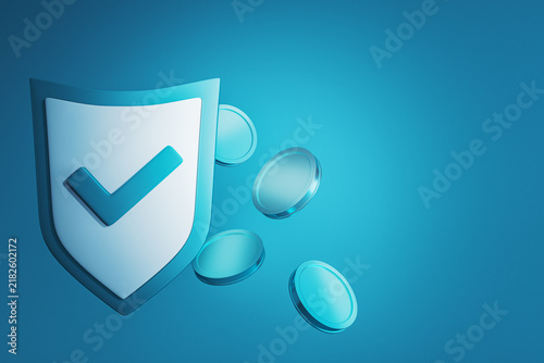 Modern shield checkmark icon with digital verification symbol and floating coins for secure business approval concept design. 3D Rendering
