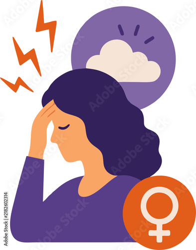 Menopause Concept with Woman Experiencing Headache and Stress, Female Health Vector