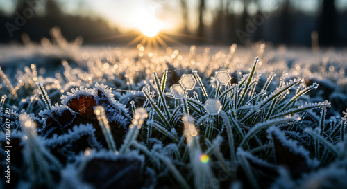 Frost-covered grass and leaves in winter sunlight