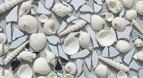 Close-up of small white pebbles on neutral surface