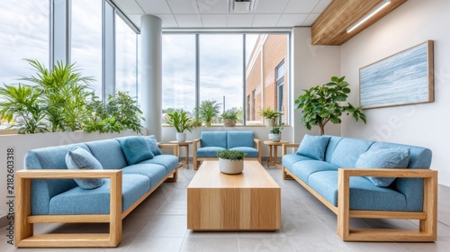Modern waiting room with blue sofas, natural wood furniture, and abundant natural light