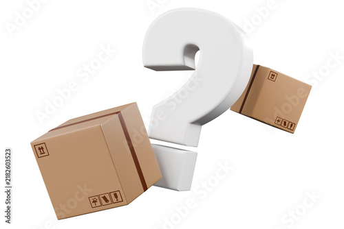 3d question mark with delivery boxes icon. shipping inquiry concept. minimal cartoon parcel and logistics support. isolated on white transparent background. 3d render.