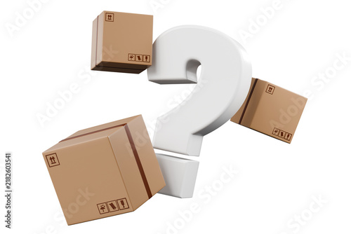 3d question mark with delivery boxes icon. shipping inquiry concept. minimal cartoon parcel and logistics support. isolated on white transparent background. 3d render.
