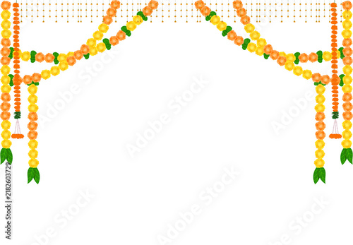 Indian Wedding Marigold Floral Arch Border with Hanging Mango Leaves and Flower Garlands