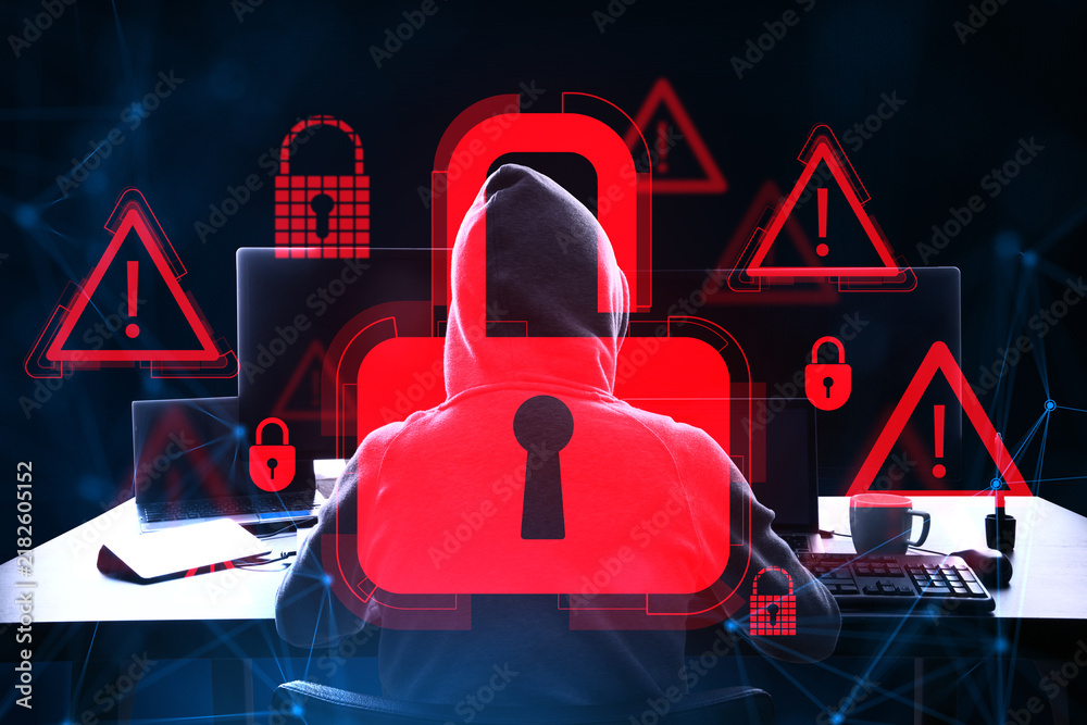 Obraz premium Cybersecurity hacker in hoodie surrounded by glowing padlock icons, warning signs and computer screens, symbolizing digital data protection and privacy.