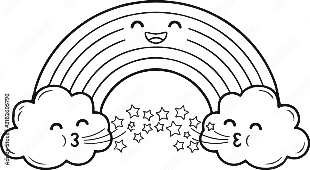 Obraz premium Cute Smiling Rainbow with Cloud Line Art Vector Illustration 