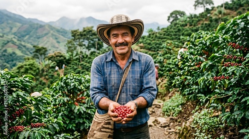 Smiling farmer holding fresh red coffee cherries on a lush plantation, celebrating Coffee Day and harvest season.