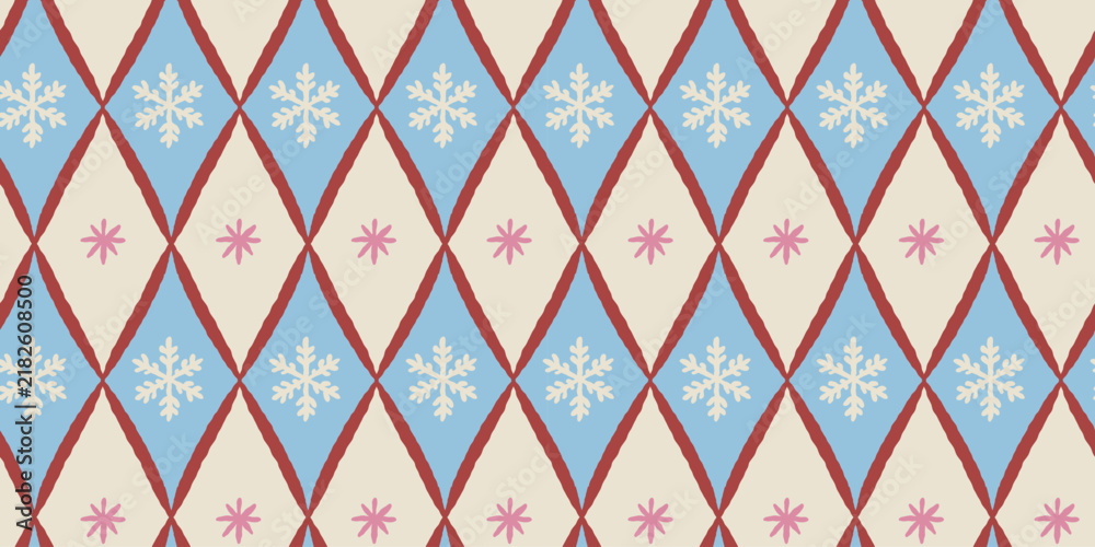 Obraz premium Vector Seamless Christmas pattern with hand-drawn holiday elements, geometric shapes, stars and festive ornaments in a retro color palette, design template for wrapping paper