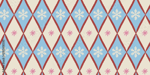 Vector Seamless Christmas pattern with hand-drawn holiday elements, geometric shapes, stars and festive ornaments in a retro color palette, design template for wrapping paper