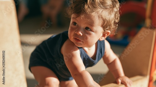 Baby Boy in Blue Onlooker, Observing Indoors