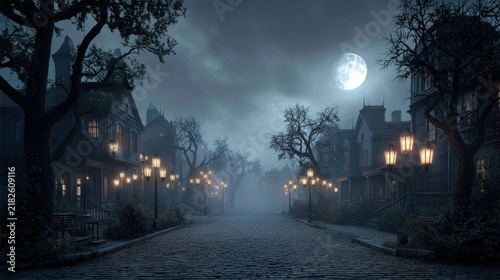Spooky Victorian street at night with full moon and gas lamps illuminating the cobblestone path