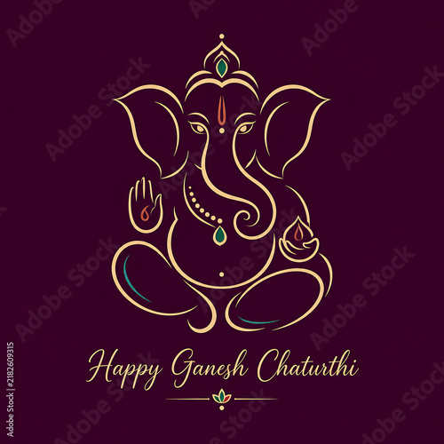 Graceful lord ganesha line art with blessing gesture and diya on plum background for ganesh chaturthi celebration and lord ganesha puja design