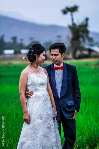 thai people wedding green rice field