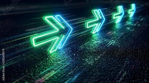 Glowing neon arrows in green and blue hues appear to move rapidly across a dark  textured surface  leaving light trails and motion blur effects behind them