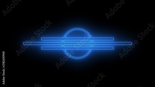 Glowing blue neon circular geometric insignia with horizontal lines isolated on a black background. Futuristic HUD symbol for modern cyber interface.