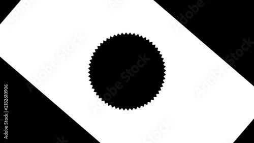 Black serrated starburst circle cutout inside diagonal white wipe transition isolated on a black background. Modern geometric matte mask for video transitions.