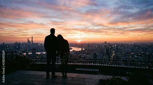 Silhouette couple embracing on rooftop terrace, watching sunrise over modern city skyline during a romantic urban date.