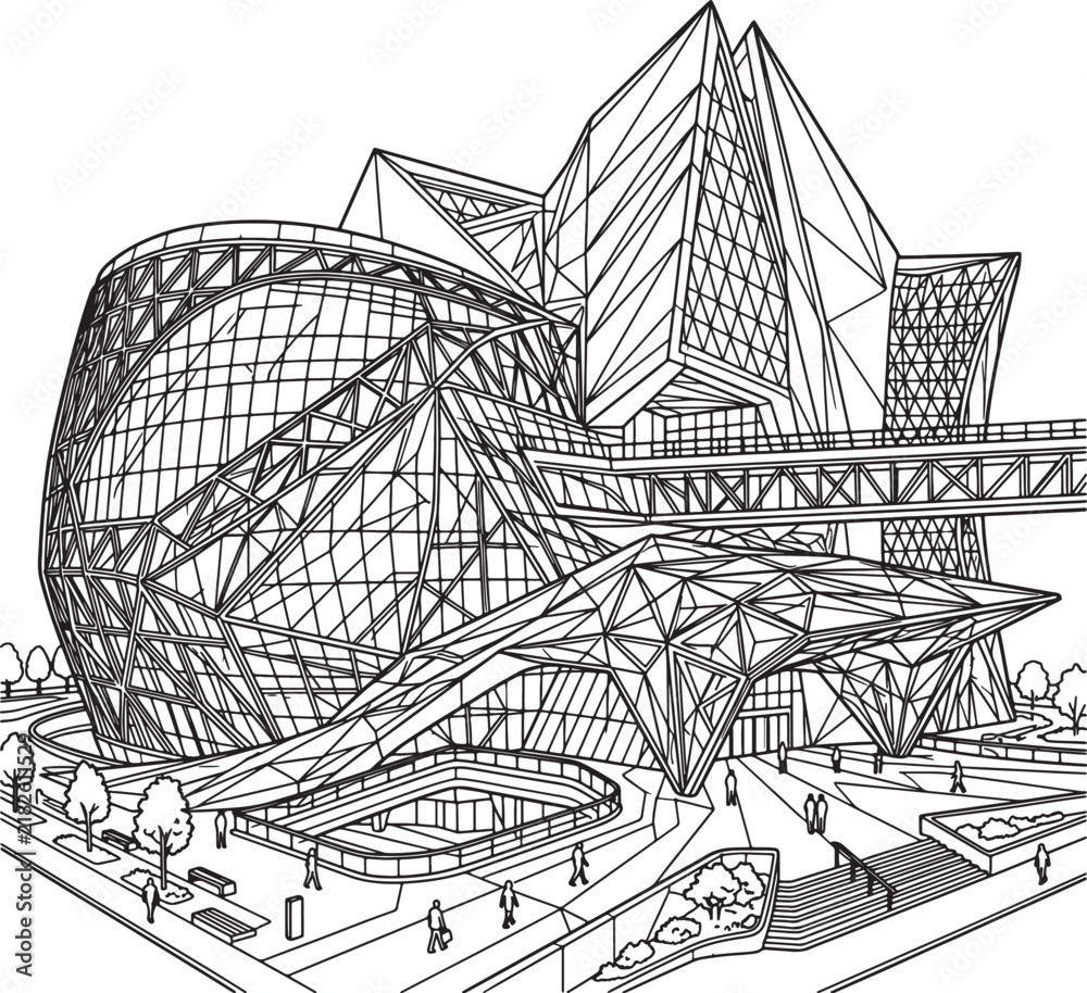 Fototapeta premium Futuristic glass building exterior with modern geometric facade lines and structural architectural framework design.