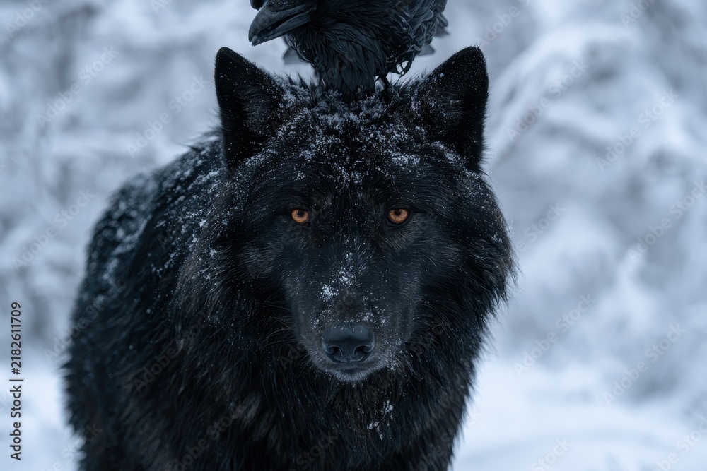 Obraz premium A black wolf with amber eyes stands in snow with a raven perched on its head. It captures the raw essence of wild predators in winter environments.