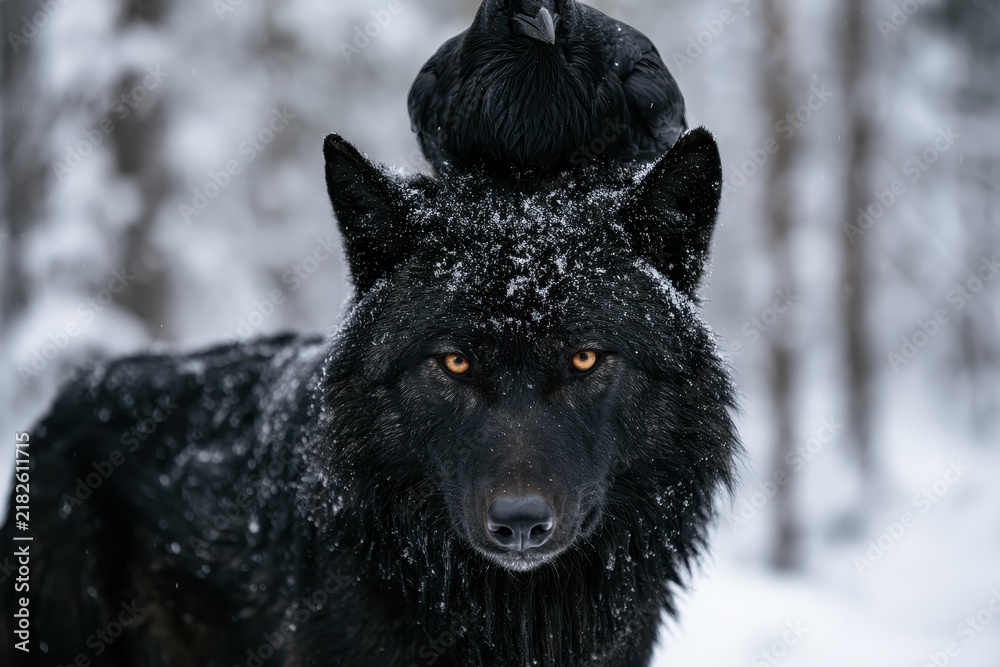 Obraz premium A black wolf stands in snowy woods with a raven perched on its head. This image illustrates wilderness harmony and mythical winter atmosphere.